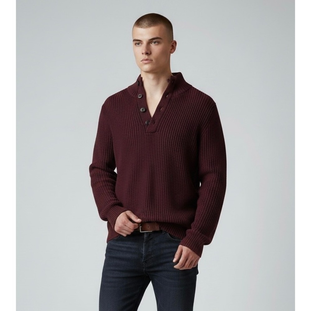 Nautica Mens XL Burgundy Navy Shaker Stitch Button Henley Mock Neck Sweater Core
